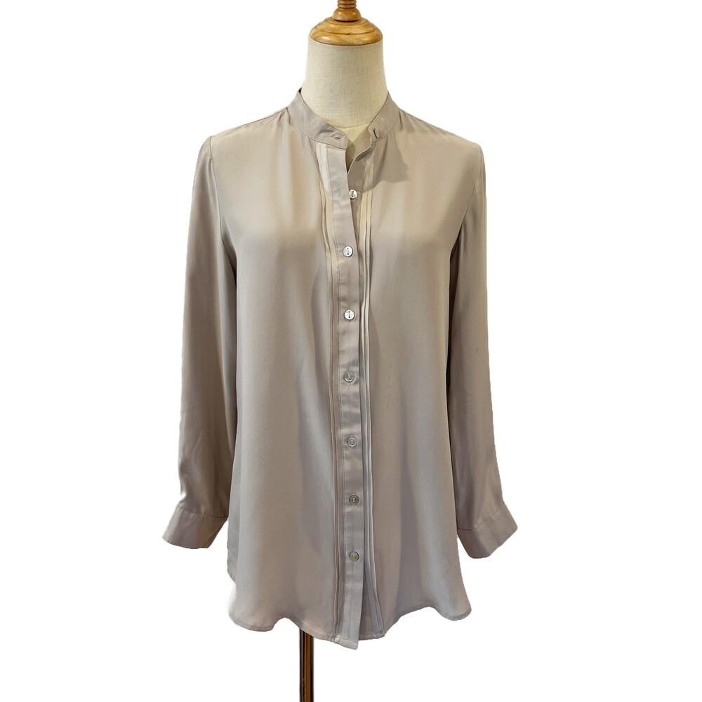 J.Jill Grey Button Front Silk Blouse Long Sleeves XS Petite